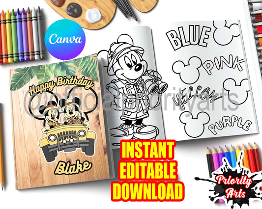 Mickey Safari Coloring Book Instant Editable Download